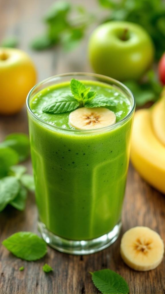 A refreshing green smoothie made with spinach, banana, and apple, garnished with banana slice and mint.