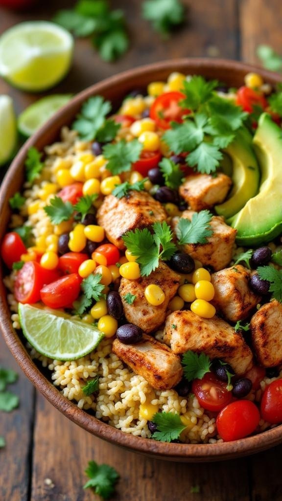 A colorful chicken bowl with grilled chicken, rice, beans, corn, and avocado, garnished with cilantro and lime.