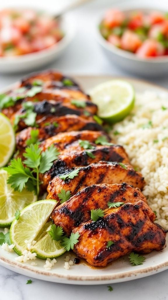 Grilled chipotle chicken on a plate with rice and pico de gallo, garnished with lime and cilantro.