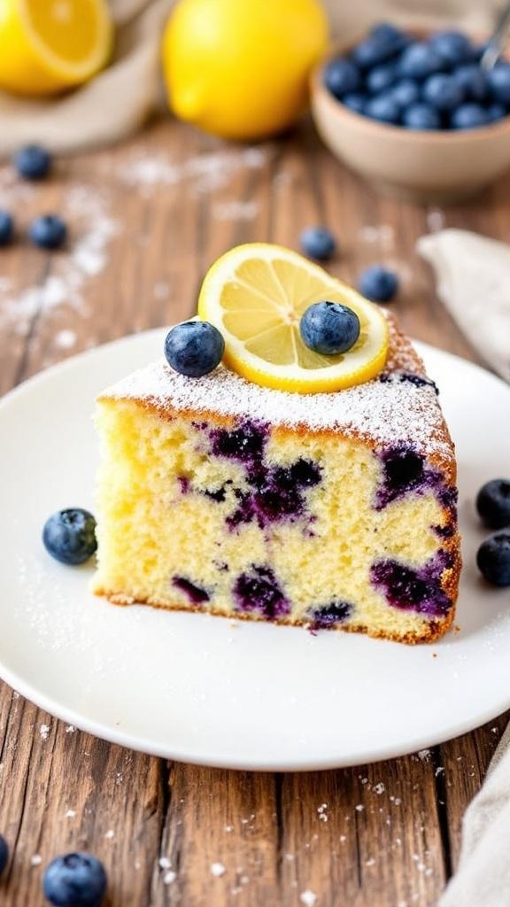 A slice of lemon blueberry cake on a plate, garnished with powdered sugar, lemon slice, and blueberries.