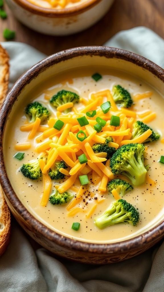 Creamy Broccoli Cheddar Soup Recipe A bowl of creamy broccoli cheddar soup with broccoli florets and cheese, garnished with green onions, on a wooden table with bread.