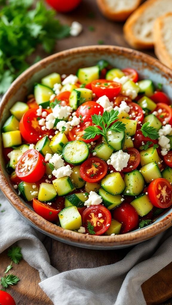 A colorful Greek salad with cucumbers, tomatoes, feta cheese, and parsley in a rustic bowl.