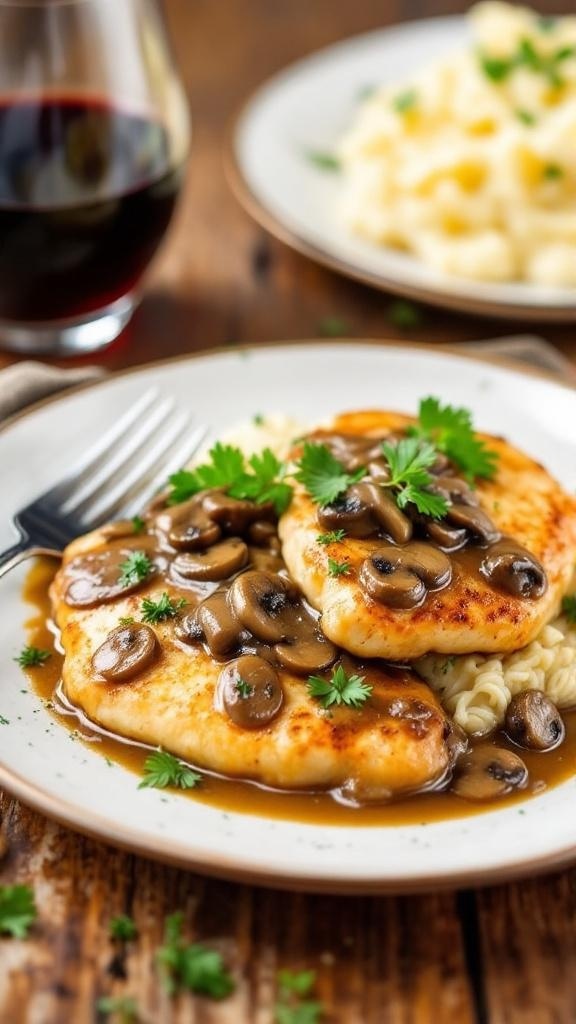 Chicken Marsala with mushrooms and parsley on a rustic table with wine and mashed potatoes.