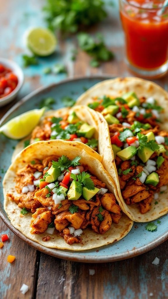 A plate of street chicken tacos with grilled chicken, cilantro, onions, and avocado, served with lime wedges.