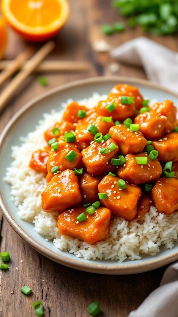 Healthy orange chicken served over rice, garnished with green onions and sesame seeds.