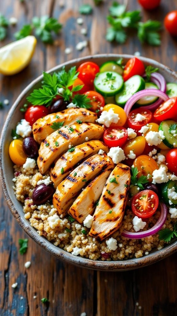 A healthy Greek chicken bowl with grilled chicken, quinoa, tomatoes, cucumber, olives, and feta cheese, garnished with parsley.