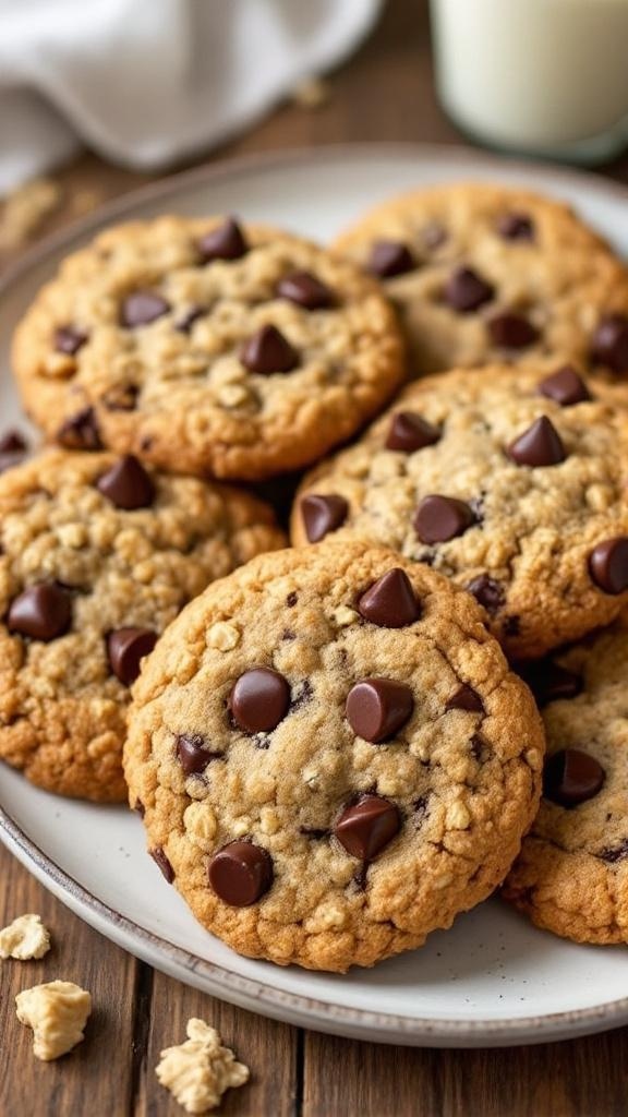 A plate of oatmeal chocolate chip cookies with melted chocolate chips, accompanied by a glass of milk.