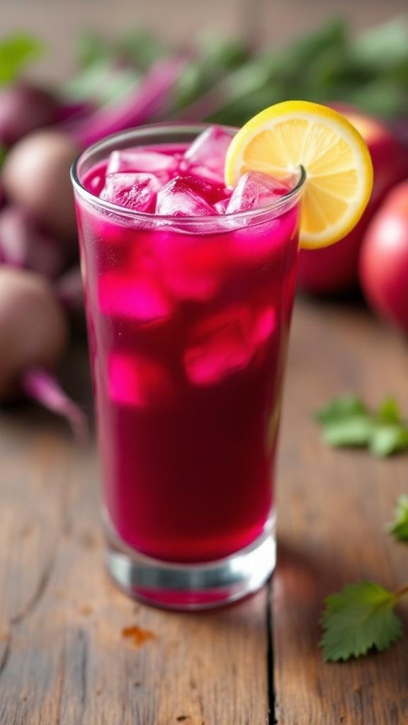 A glass of beetroot juice with ice, garnished with lemon, surrounded by fresh beetroots and apples.