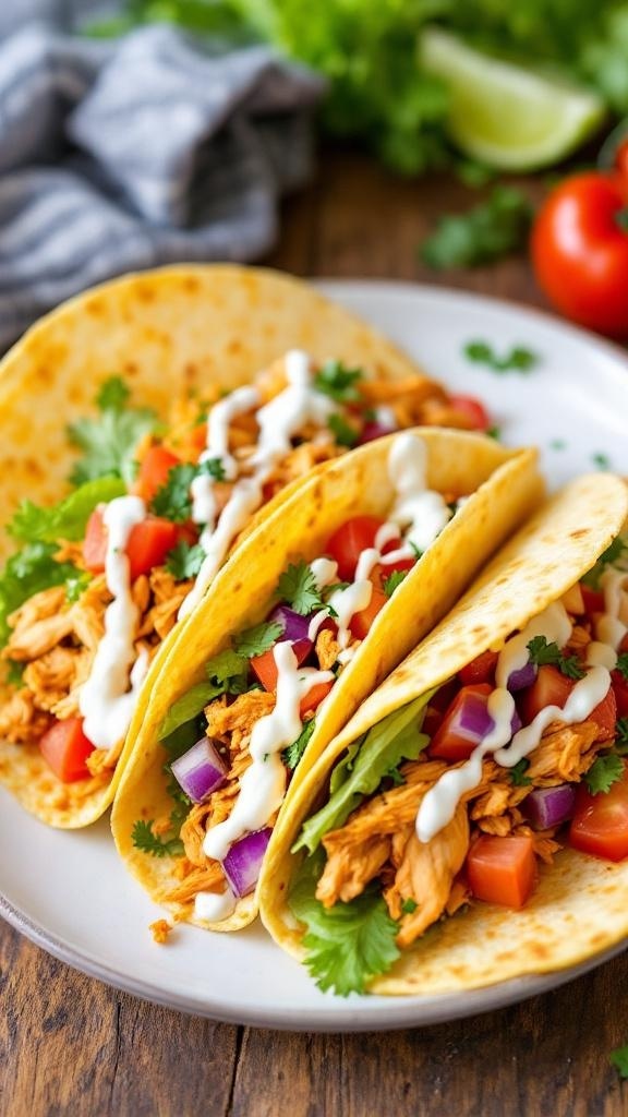 Buffalo chicken wraps filled with shredded chicken, lettuce, and tomatoes, served on a plate with ranch dressing.