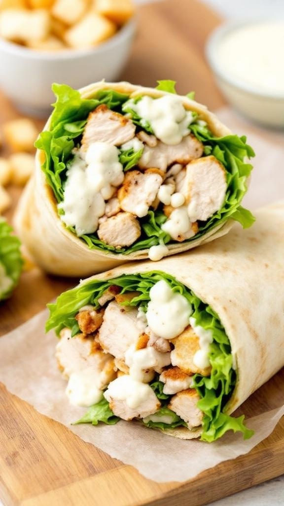 Quick Chicken Caesar Wrap Recipe A Chicken Caesar wrap filled with lettuce and chicken, served with croutons and dressing on a wooden board.
