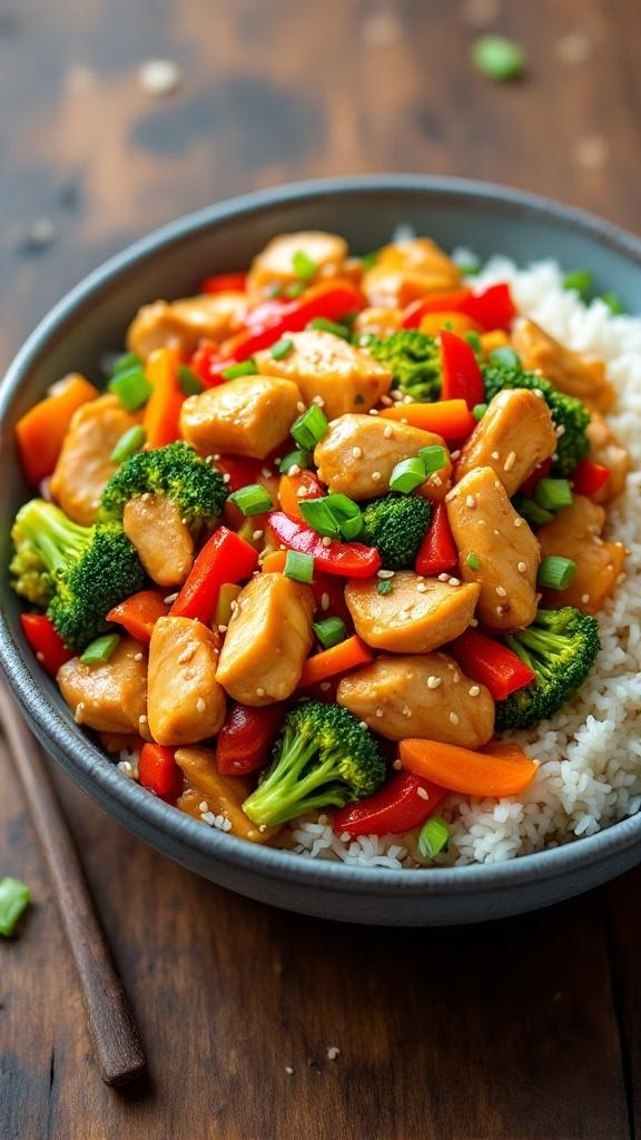 A colorful chicken stir fry with vegetables and rice, garnished with sesame seeds and green onions.
