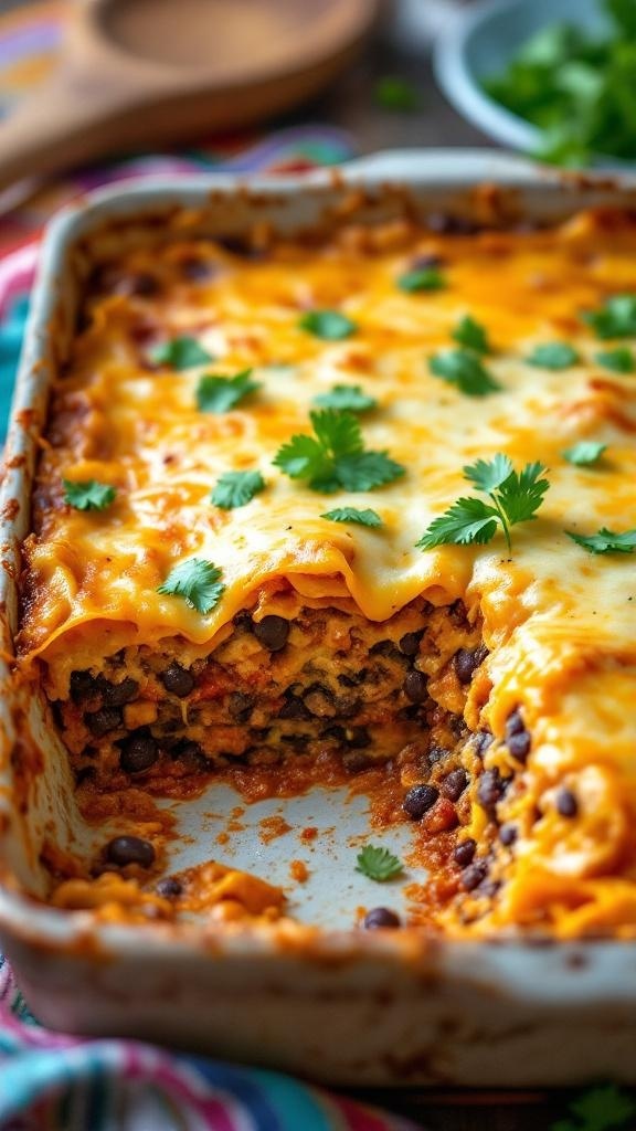 A hearty enchilada casserole with layers of tortillas, meat, beans, and cheese, garnished with cilantro.