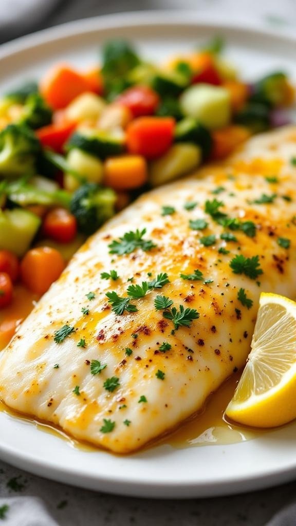 Oven baked tilapia fillet with garlic butter, garnished with parsley and lemon, served with vegetables.