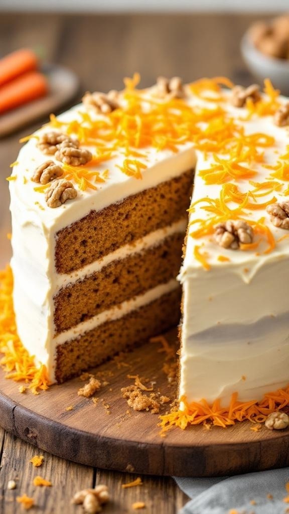 A moist gluten-free carrot cake with cream cheese frosting, garnished with walnuts and carrot shavings, on a wooden table.