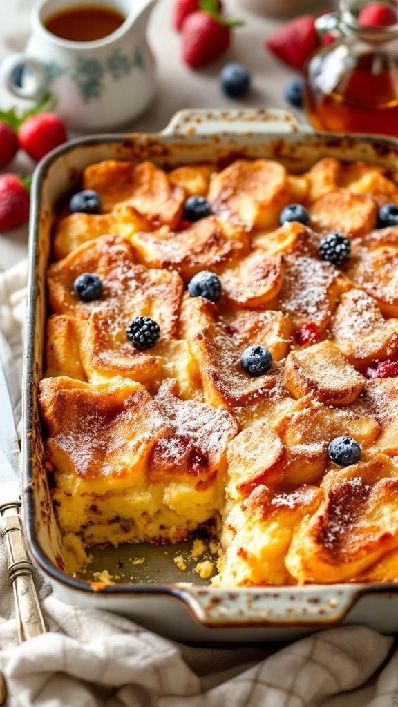 A delicious French toast casserole topped with powdered sugar and fresh berries, served with maple syrup.