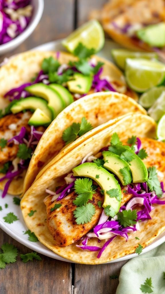 Tilapia fish tacos with cabbage, avocado, and cilantro on a plate with lime wedges.