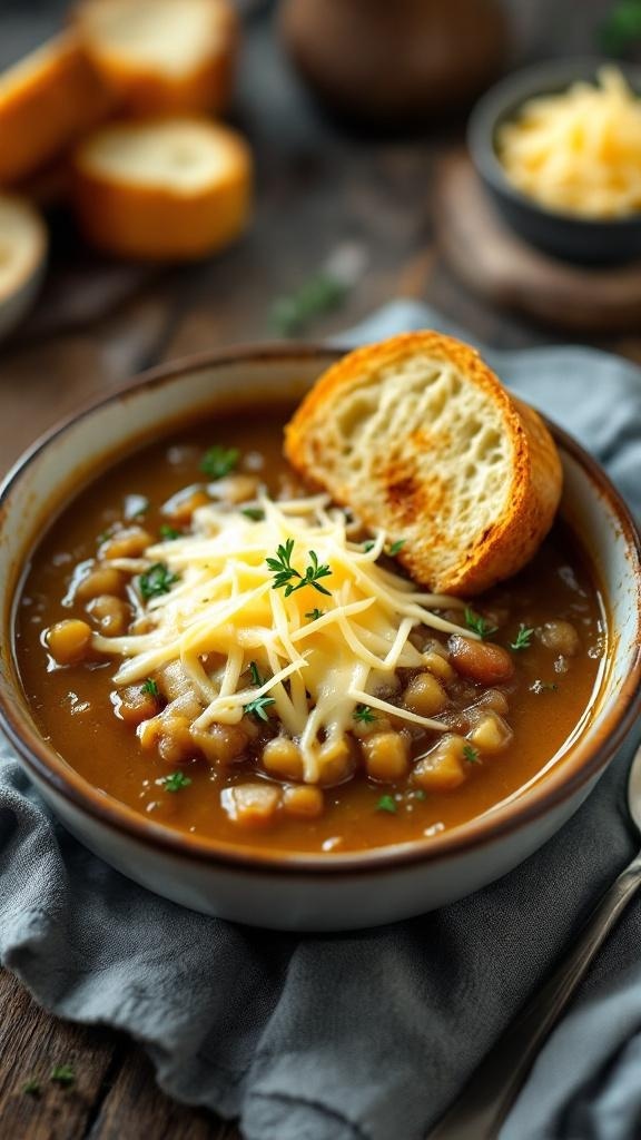 A bowl of French onion soup with melted cheese and toasted bread, garnished with thyme on a wooden table.