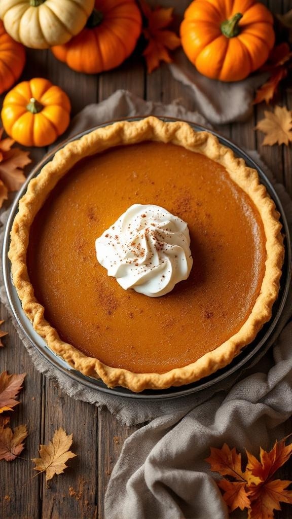 Classic pumpkin pie with whipped cream on top, surrounded by small pumpkins and autumn leaves.