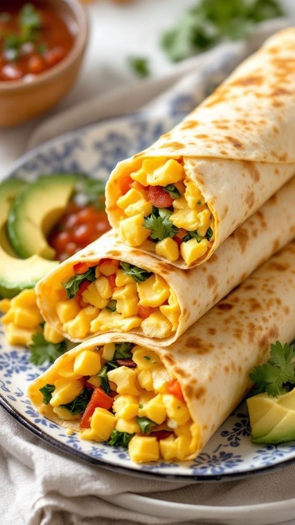 Savory breakfast burritos filled with scrambled eggs, corn, and veggies, served with salsa.