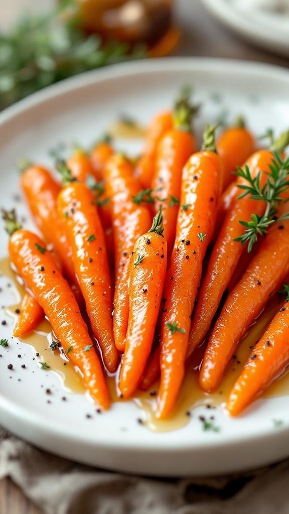A plate of honey glazed carrots garnished with thyme, showcasing their vibrant orange color.