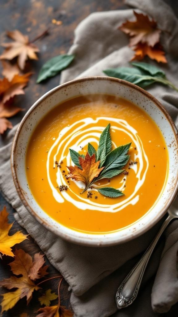A bowl of savory squash and sage soup garnished with cream and fresh sage leaves, surrounded by autumn leaves.