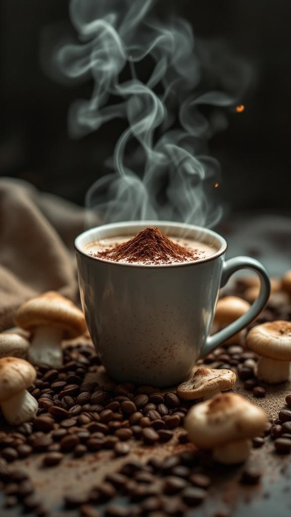 A steaming cup of mushroom coffee surrounded by coffee beans and fresh mushrooms