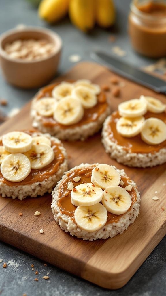 Rice cakes topped with almond butter and banana slices on a wooden board
