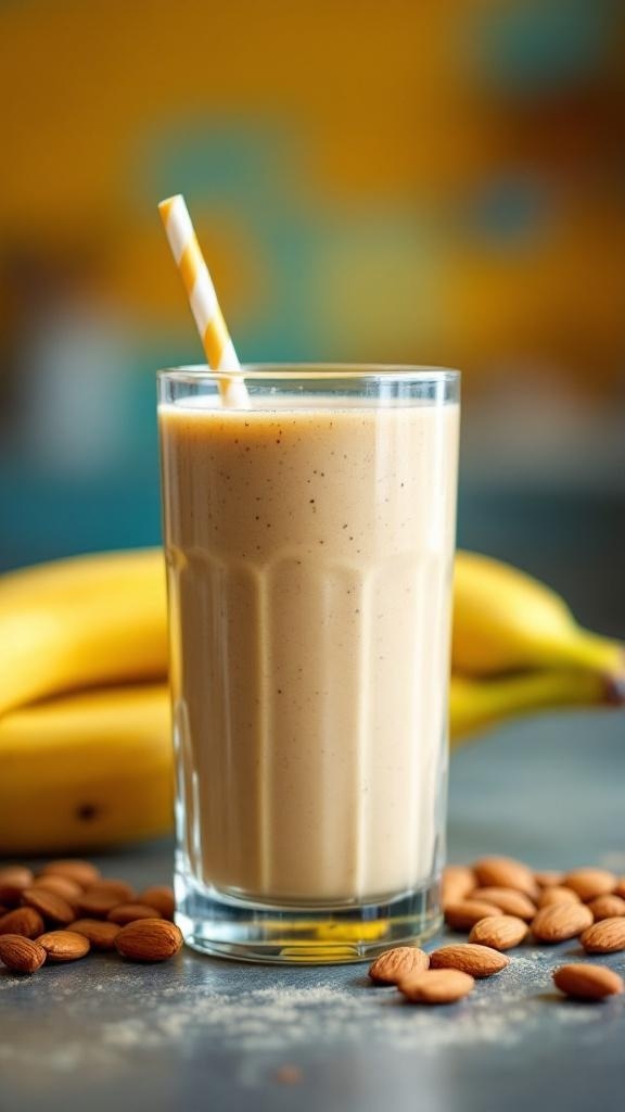 A delicious almond butter banana smoothie in a glass with a straw, surrounded by bananas and almonds.
