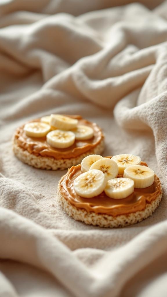 Rice cakes topped with almond butter and banana slices on a soft blanket
