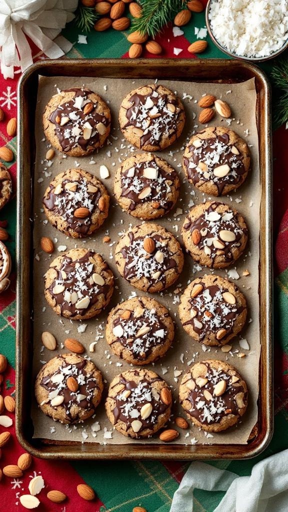 A tray of Almond Joy Cookies topped with chocolate, almonds, and coconut, surrounded by holiday decorations.