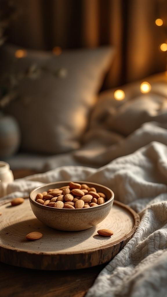 A bowl of almonds on a wooden tray in a cozy setting with soft pillows and warm lighting.