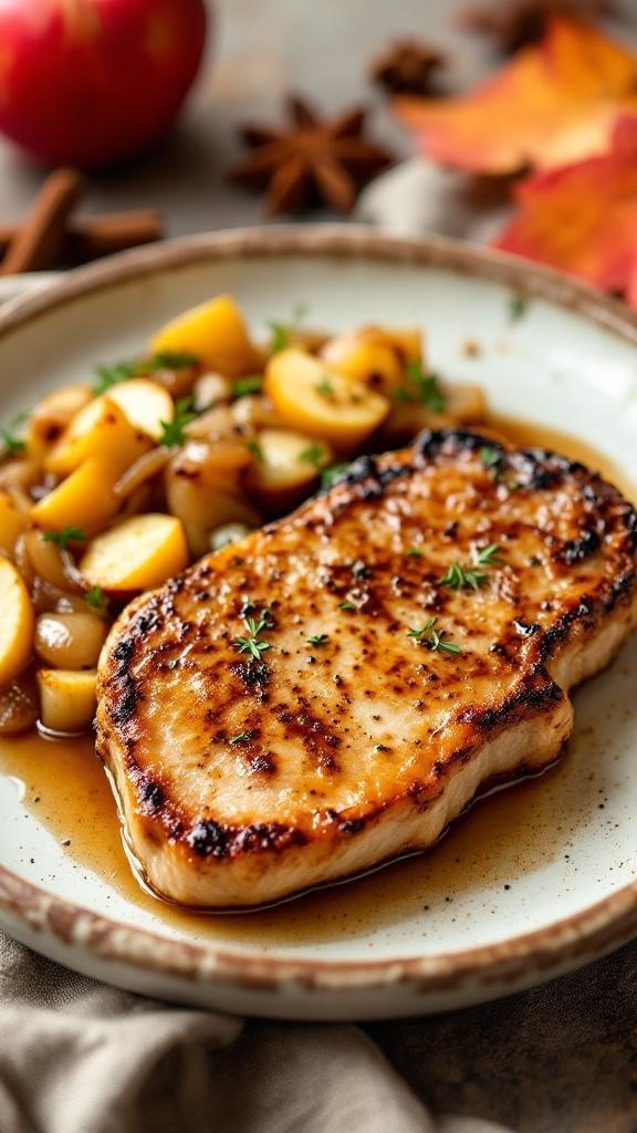 A plate of apple cider brined pork chops with sautéed apples.