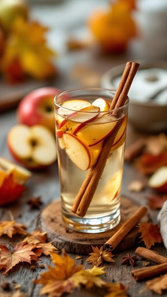 A glass of apple cinnamon detox water with apple slices and cinnamon sticks, surrounded by autumn leaves.