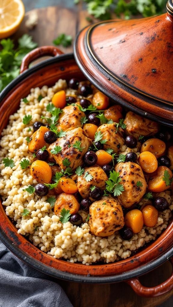 A vibrant Moroccan Chicken Tagine with apricots and olives served over couscous.