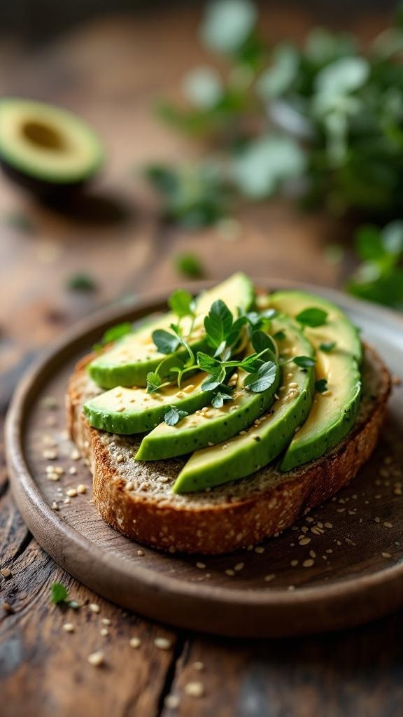 A slice of whole grain bread topped with sliced avocado, sesame seeds, and fresh herbs on a wooden plate.