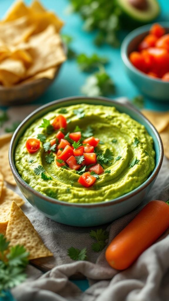 A bowl of avocado hummus topped with tomatoes and cilantro, surrounded by tortilla chips and carrots.
