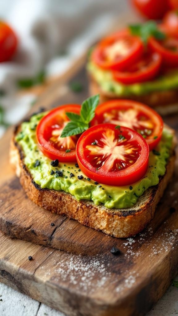 A slice of avocado toast topped with fresh tomato slices on a wooden board.