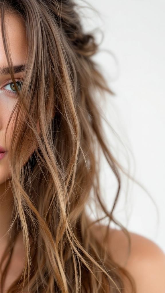A close-up of a person with long, wavy hair, showcasing healthy hair texture.