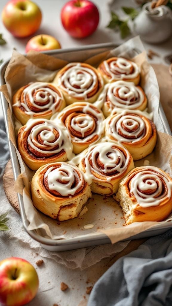 A tray of freshly baked apple cinnamon rolls with cream cheese frosting, surrounded by apples.