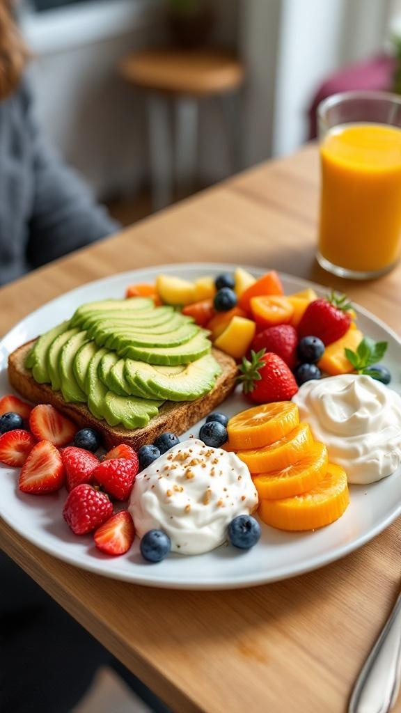 A colorful breakfast plate featuring avocado toast with diced mango, a variety of fresh fruits, and a cup of yogurt.