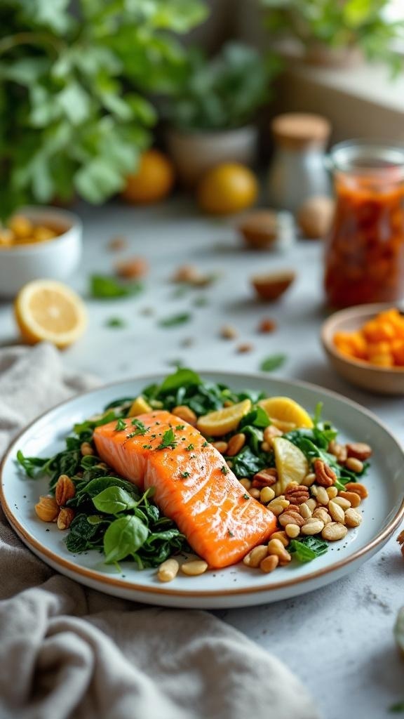 A plate of salmon on a bed of leafy greens with nuts and lemon slices, representing a healthy meal for hair growth.