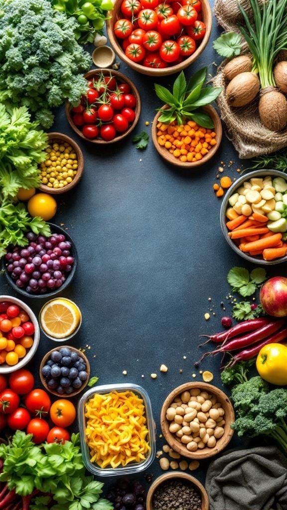 An assortment of fresh fruits and vegetables arranged on a dark surface, showcasing a variety of healthy food options.