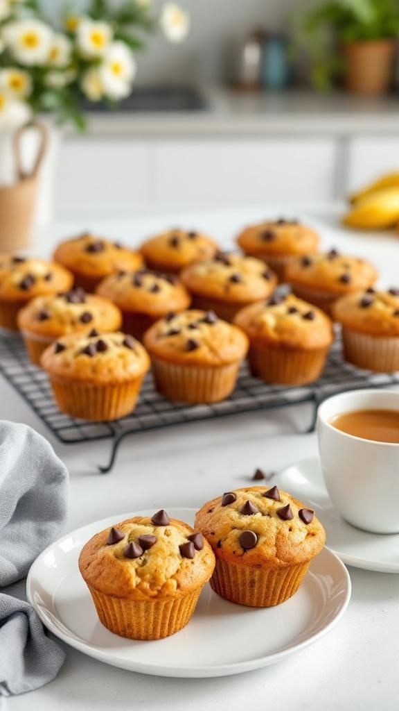 Delicious banana bread muffins topped with chocolate chips, served with a cup of coffee.