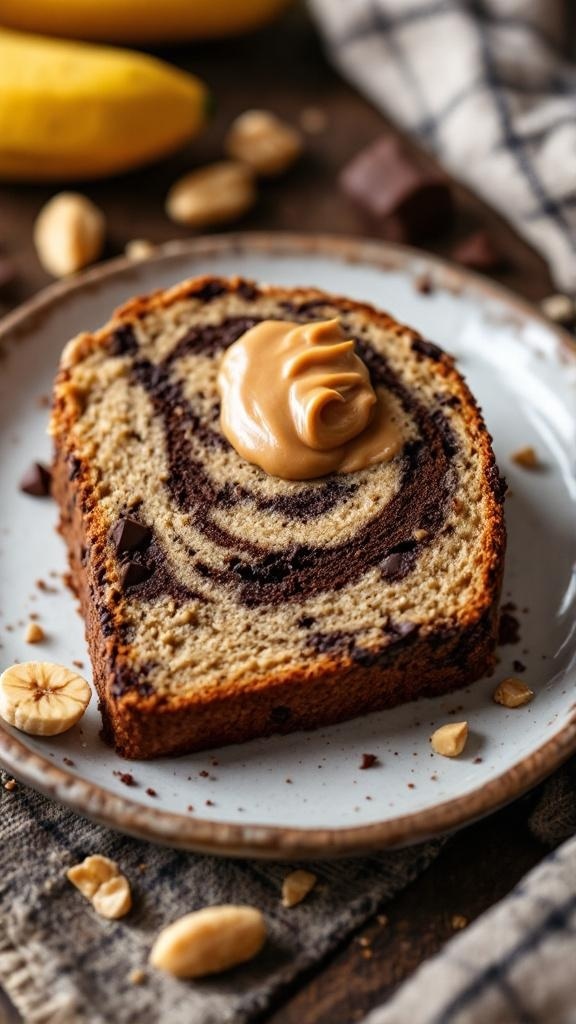 Slice of banana bread with peanut butter and chocolate swirls on a plate