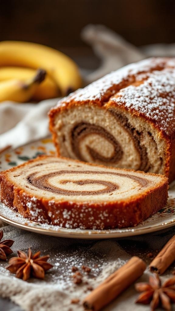 A loaf of banana bread with swirls of cinnamon and sugar, sliced to show the spiral pattern inside.