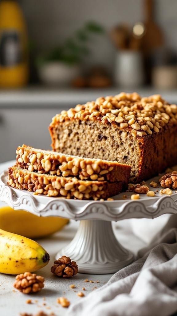 A loaf of banana nut bread topped with nuts, sliced and displayed on a cake stand, with bananas in the foreground.