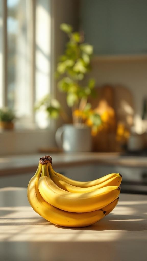 A bunch of ripe bananas on a kitchen countertop with natural light.
