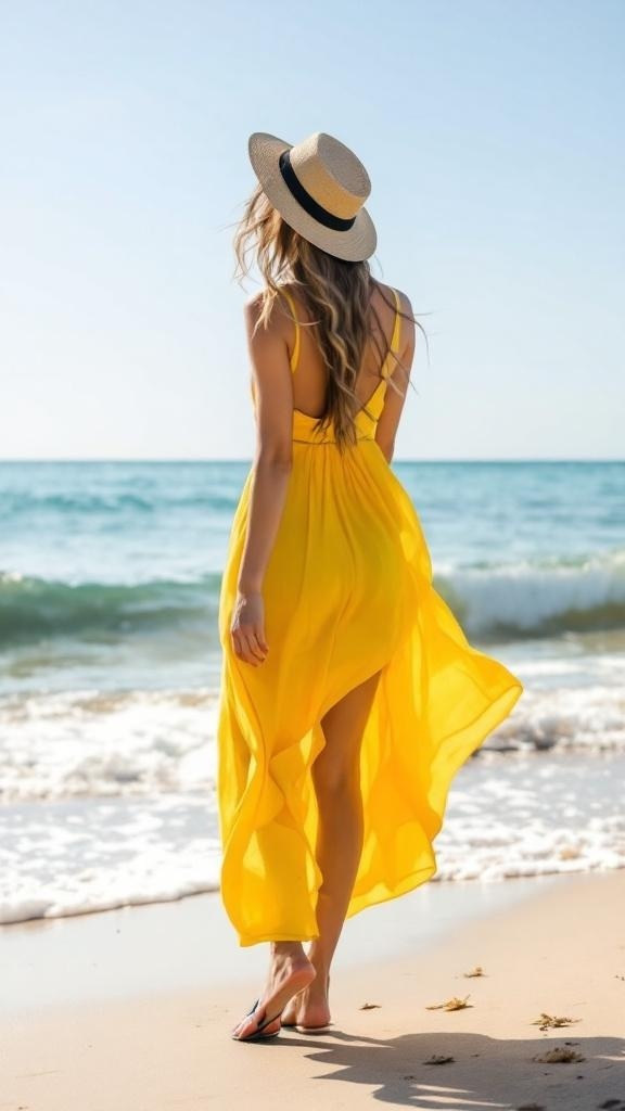 A vibrant yellow beach bag, a drawstring bag, and yellow flip-flops on sandy beach.