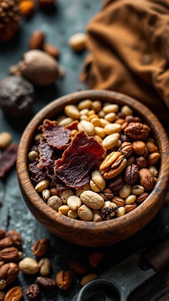 A wooden bowl filled with mixed nuts and beef jerky on a dark surface.