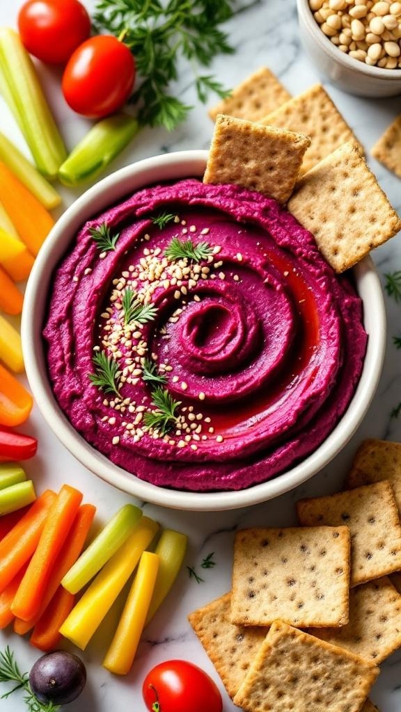 A bowl of beetroot hummus garnished with sesame seeds and herbs, surrounded by colorful vegetable sticks and crackers.